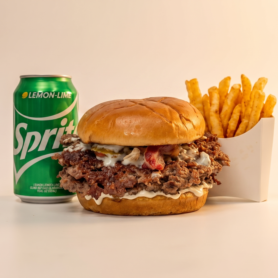A Sprite can, a cheesesteak sandwich with sauce and bacon, and a side of fries.