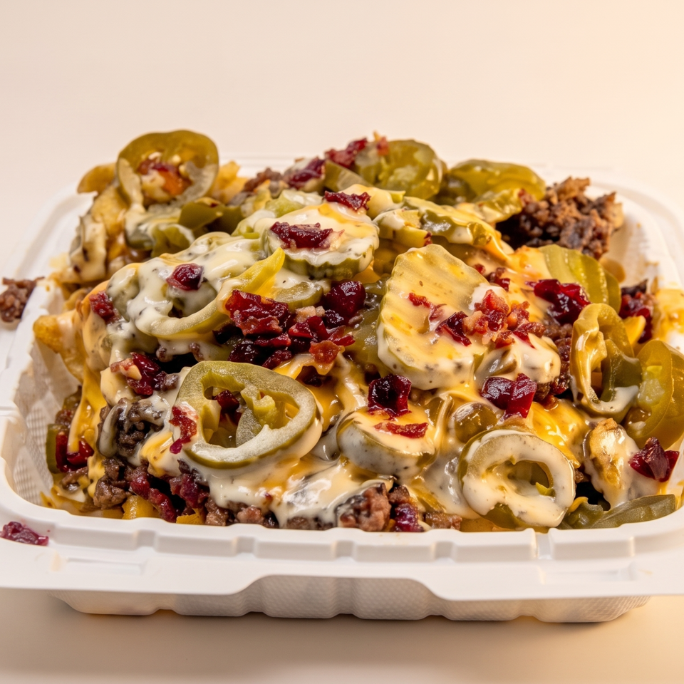 Loaded fries with melted cheese, ground beef, jalapeños, and bacon bits in a white takeout container.