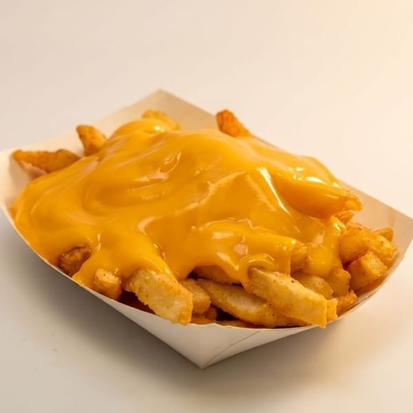 Golden french fries generously topped with melted yellow cheese sauce in a white paper tray.
