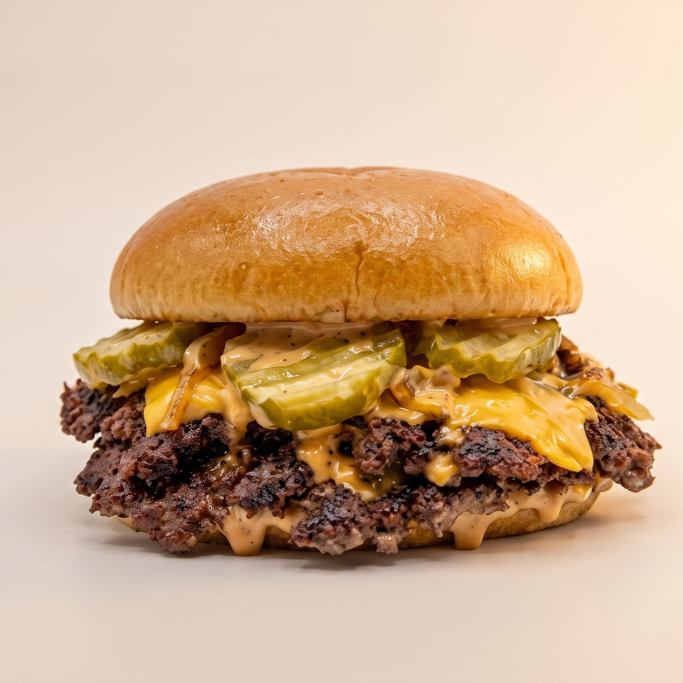 A double smash burger with melted cheese, pickles, and special sauce on a brioche bun.