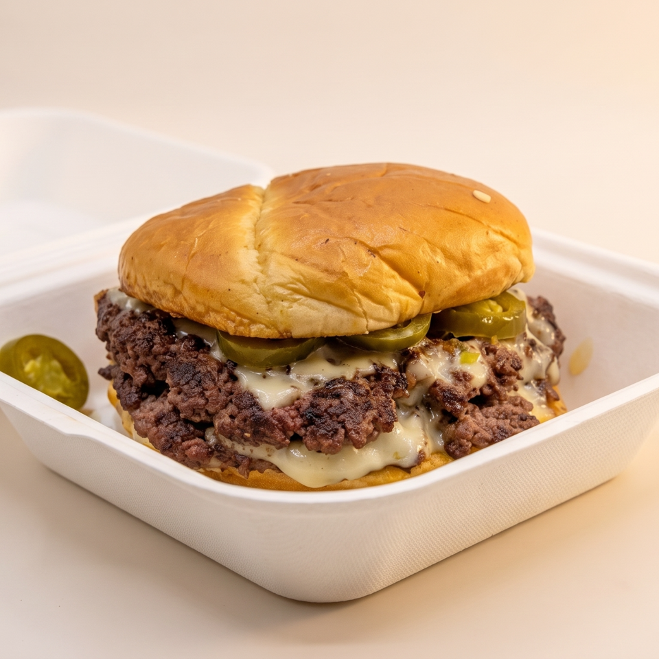 A smash burger with melted cheese and jalapeños in a white takeout container.