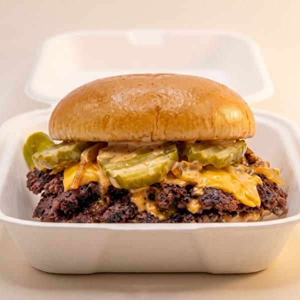 A smash burger with melted cheese, pickles, and sauce in a white takeout container.