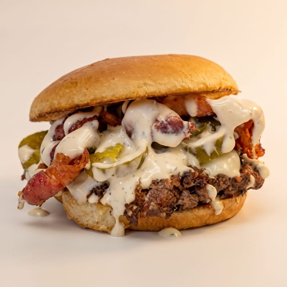 A loaded burger with a beef patty, bacon, pickles, and white sauce on a bun.