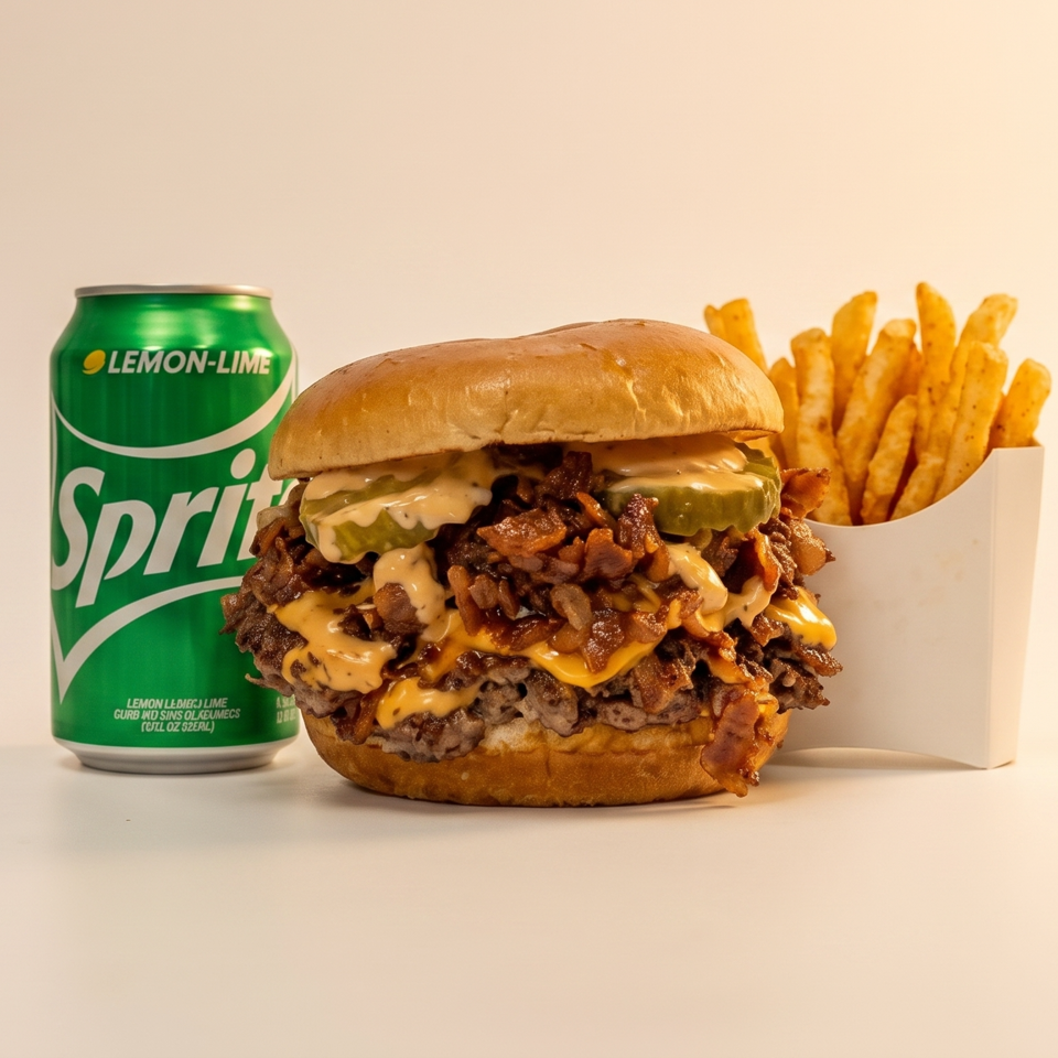A loaded burger with cheese, pickles, and bacon, alongside fries and a Sprite can.